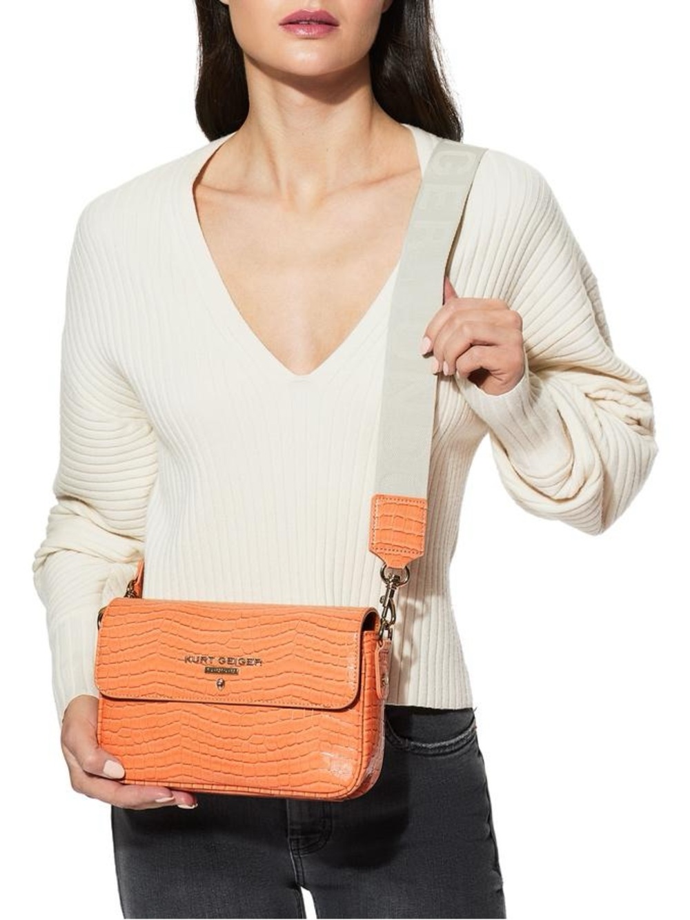 Kurt Geiger 🪢 Highgate Flap Croc-Embossed Leather Camera Bag -Orange Coral